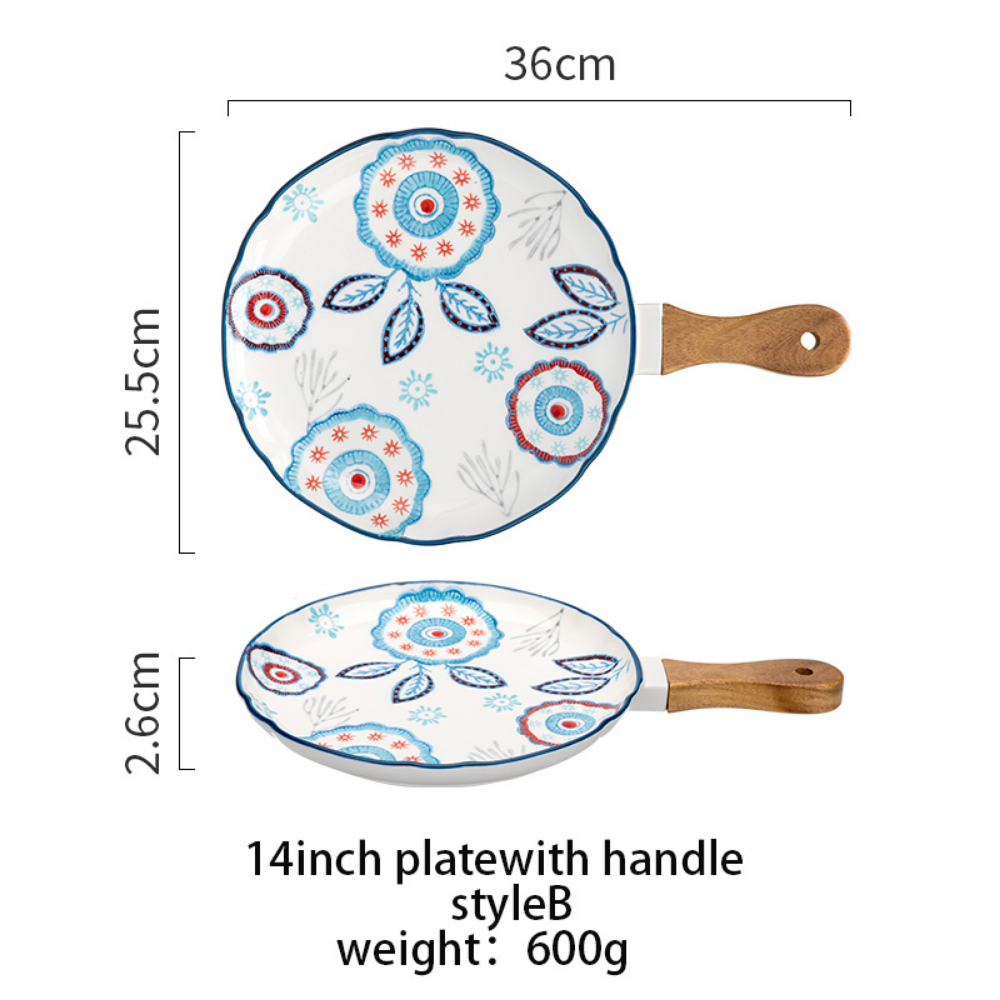 Flower Japanese Dinner Plate With Wooden Handle - Grafton Collection