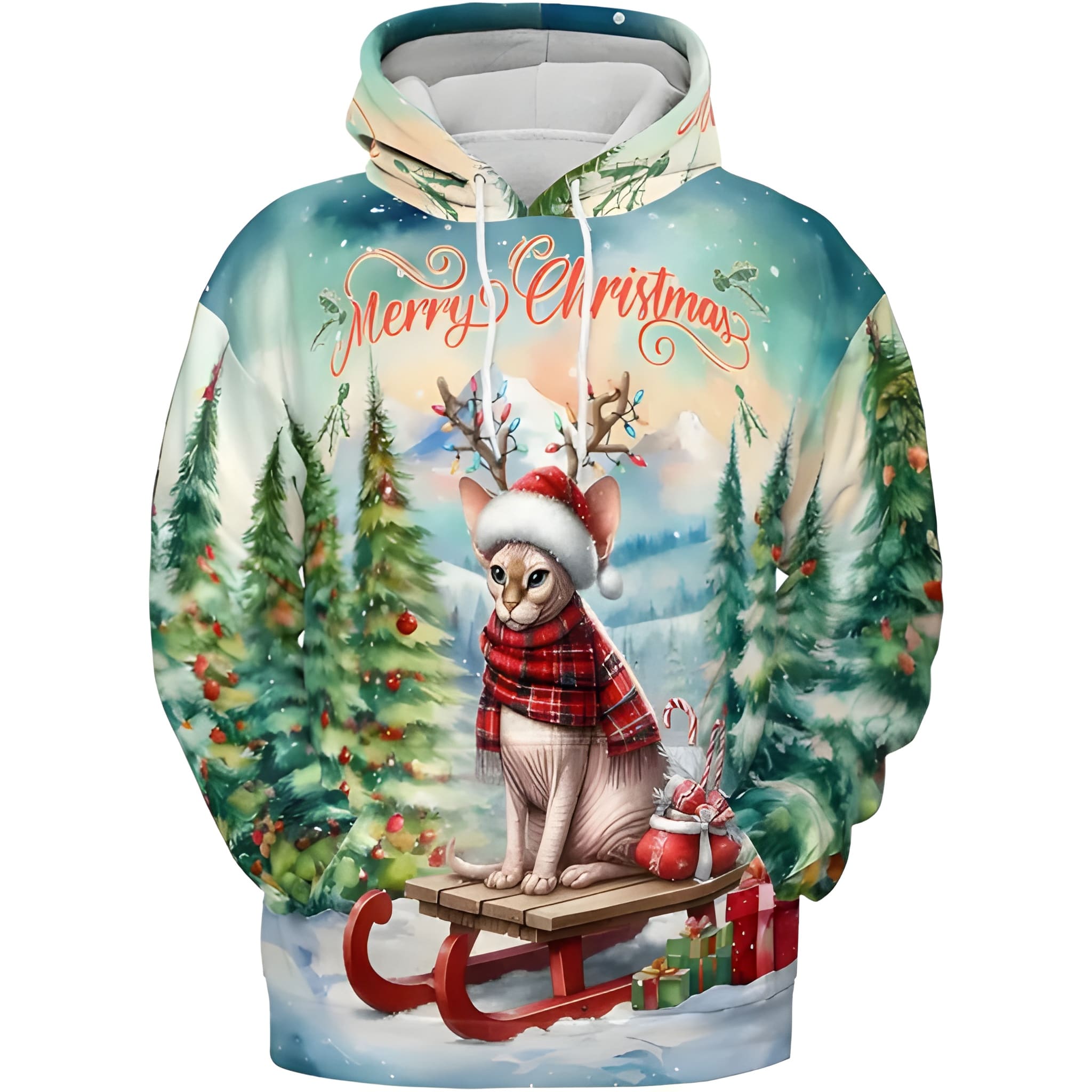 Merry Christmas Cat Reindeer Antler Hoodie Sweatshirt
