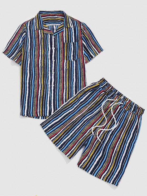 Striped Print Pocket Shirt And Shorts Set - Grafton Collection