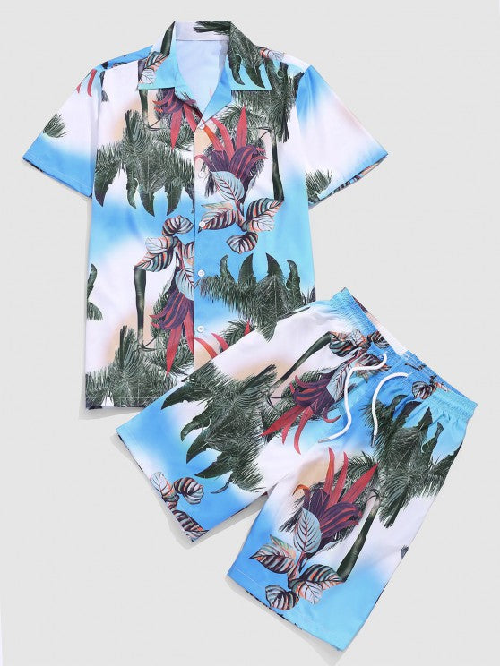 Palm Tree Leaf Printed Shirt And Shorts - Grafton Collection