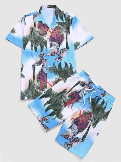 Palm Tree Leaf Printed Shirt And Shorts - Grafton Collection