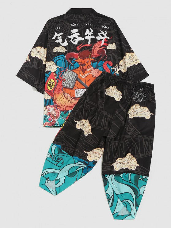 Chinoiseries Print Cardigan And Baggy Pants Set - Grafton Collection
