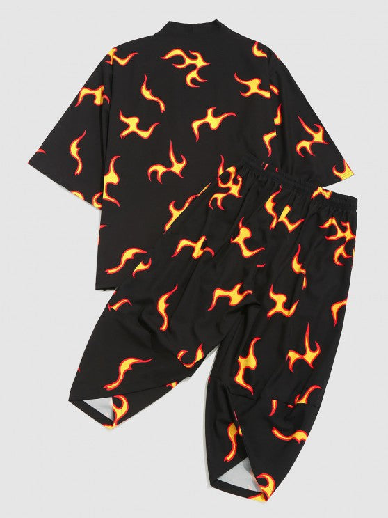 Flame Print Shirt And Cropped Pants Set - Grafton Collection
