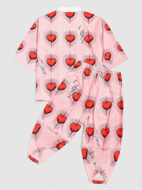 Printed Kimono Cardigan Shirt And Cropped Pants Set - Grafton Collection