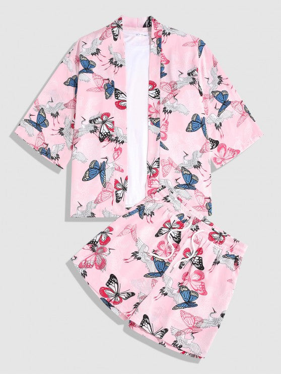 Flying Crane Butterfly Print Shirt And Shorts Set - Grafton Collection