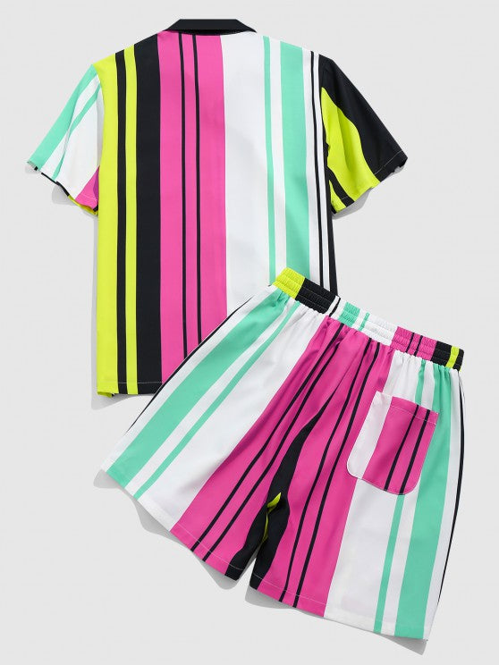 Striped Printed Pocket Shirt And Shorts Set - Grafton Collection