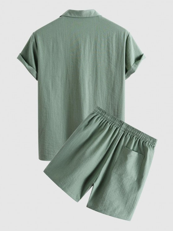 Button Up Collar Shirt And Drawstring Shorts - Grafton Collection