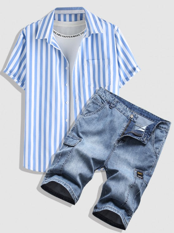 Striped Pattern Shirt And Denim Shorts Set - Grafton Collection
