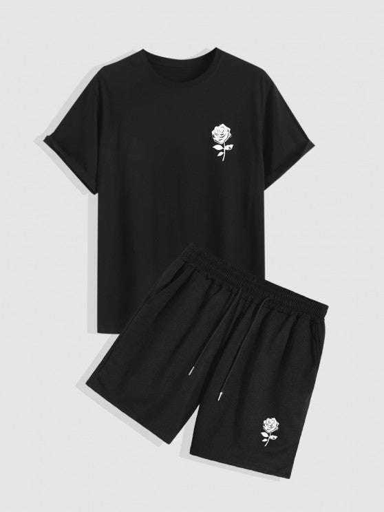Drawstring Shorts And Rose Print T Shirt Set - Grafton Collection