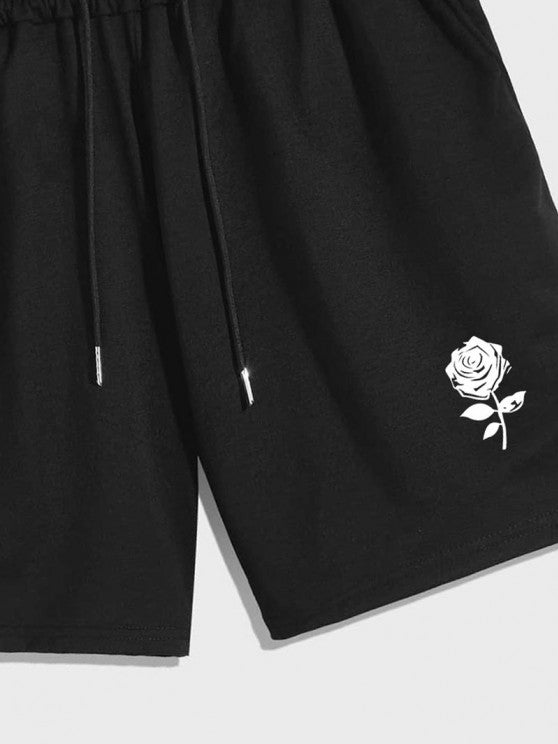 Drawstring Shorts And Rose Print T Shirt Set - Grafton Collection