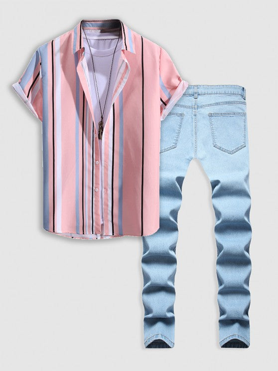 Striped Shirt And Ripped Jeans Set - Grafton Collection