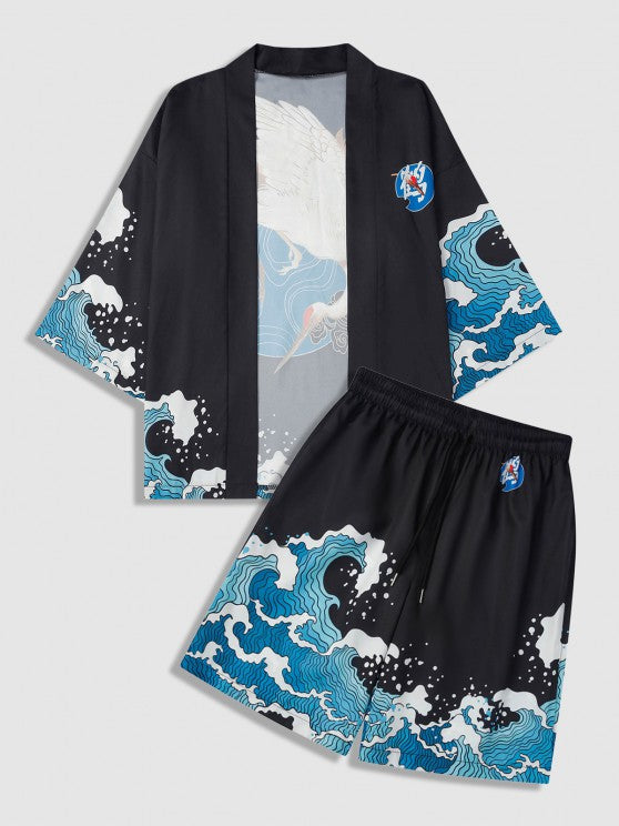 Sea Wave Printed Kimono And Shorts Set - Grafton Collection