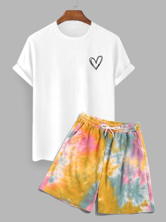 Pattern Tee And Tie Dye Shorts Set - Grafton Collection