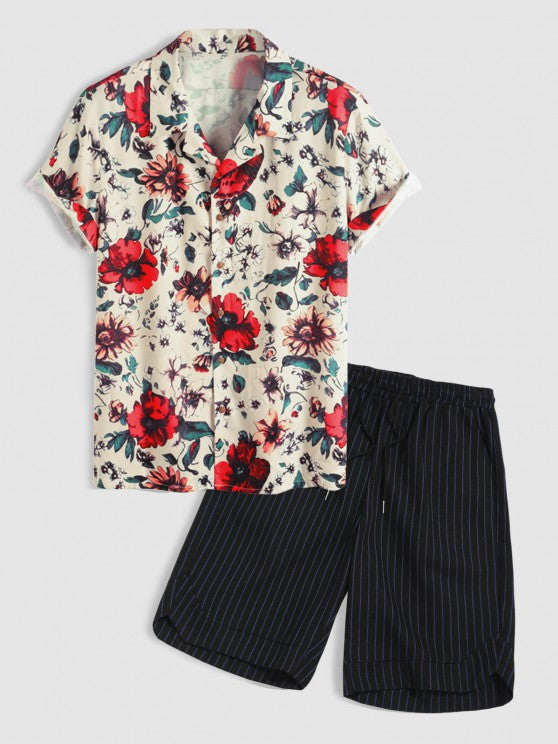 Flower Printed Pattern Shirt And Striped Shorts - Grafton Collection