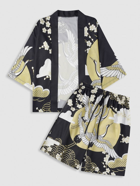 Floral Crane Printed Kimono And Shorts - Grafton Collection