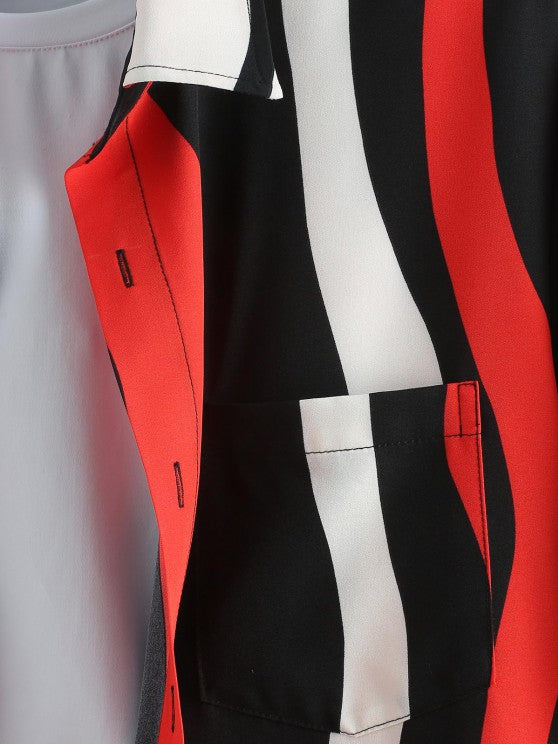 Striped Front Pocket Design Shirt And Drawstring Shorts Set - Grafton Collection