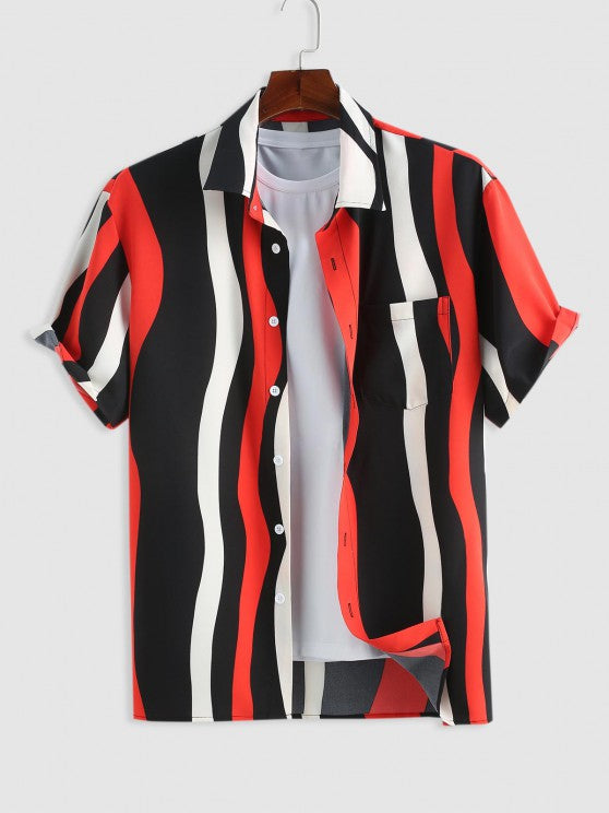 Striped Front Pocket Design Shirt And Drawstring Shorts Set - Grafton Collection