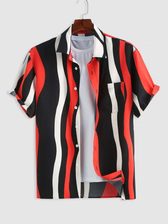 Striped Front Pocket Design Shirt And Drawstring Shorts Set - Grafton Collection