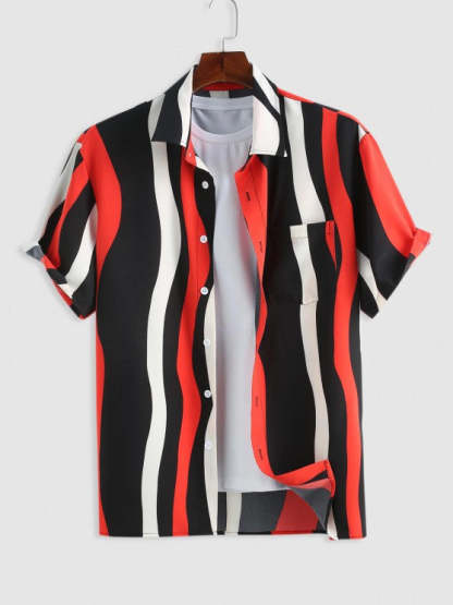 Striped Front Pocket Design Shirt And Drawstring Shorts Set - Grafton Collection
