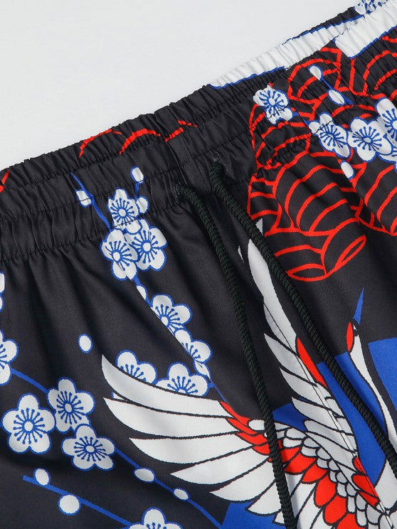 Floral Crane Printed Kimono And Shorts - Grafton Collection