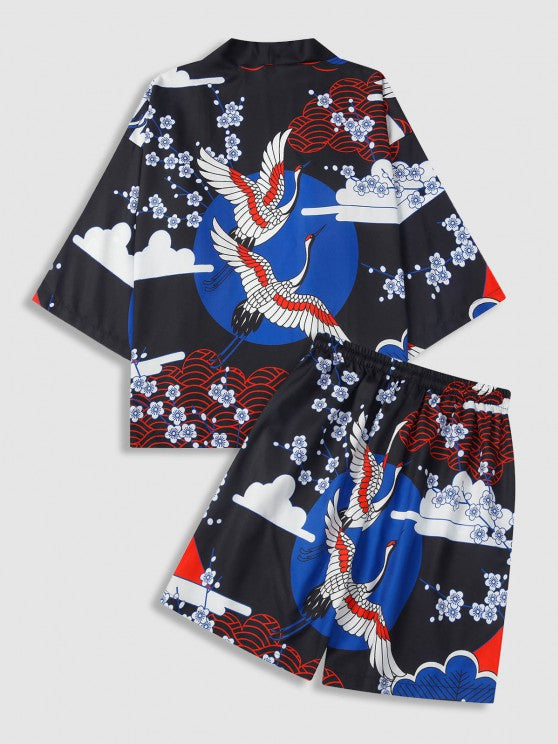 Floral Crane Printed Kimono And Shorts - Grafton Collection