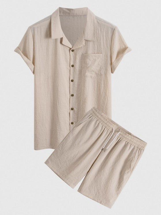 Button Up Collar Shirt And Drawstring Shorts - Grafton Collection