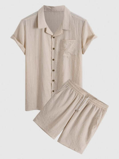 Button Up Collar Shirt And Drawstring Shorts - Grafton Collection