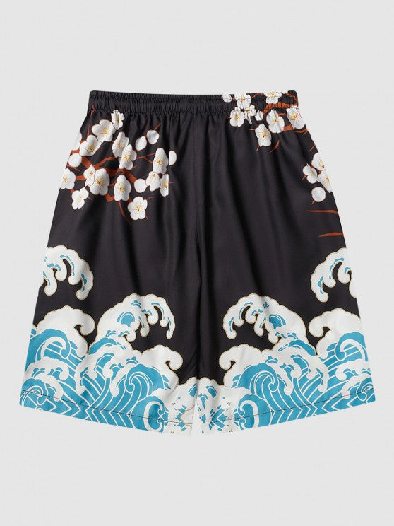 Sea Waves And Flower Print Kimono With Shorts Set - Grafton Collection