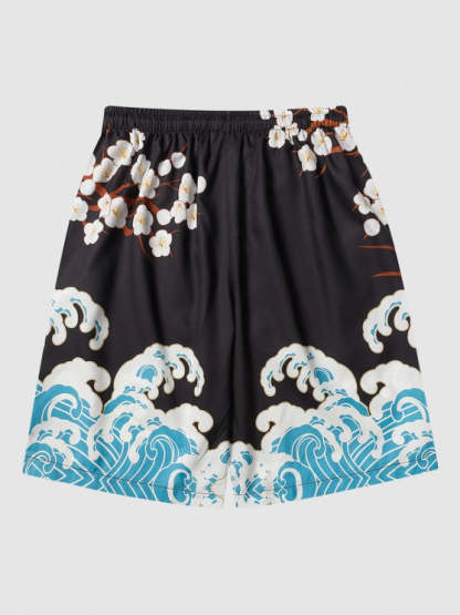 Sea Waves And Flower Print Kimono With Shorts Set - Grafton Collection