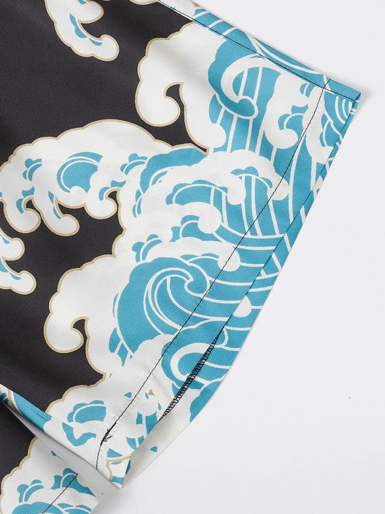 Sea Waves And Flower Print Kimono With Shorts Set - Grafton Collection