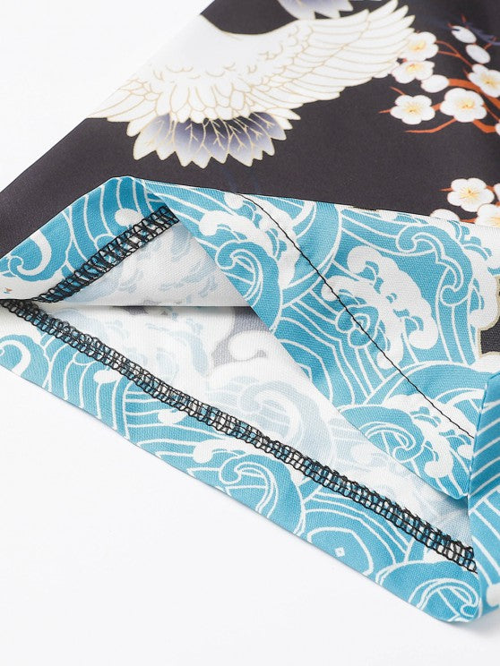 Sea Waves And Flower Print Kimono With Shorts Set - Grafton Collection
