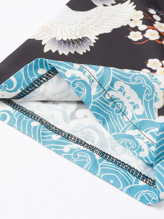 Sea Waves And Flower Print Kimono With Shorts Set - Grafton Collection