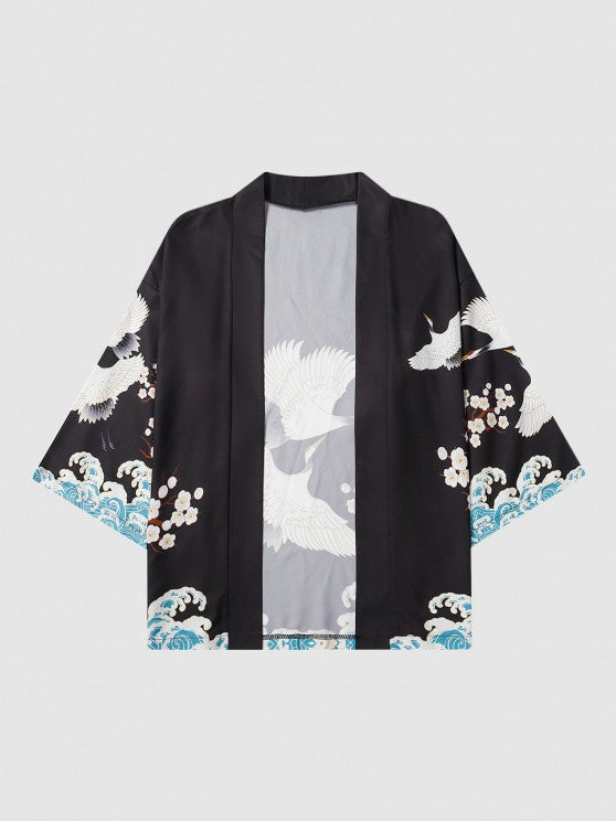 Sea Waves And Flower Print Kimono With Shorts Set - Grafton Collection