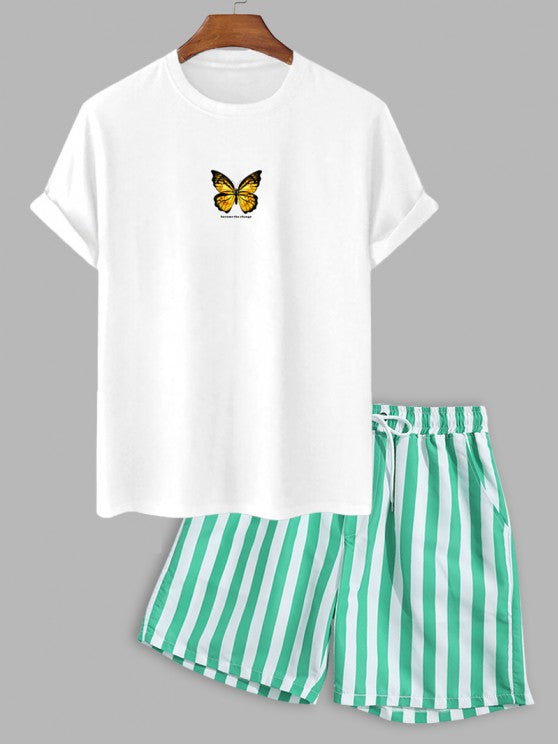 Butterfly Printed T Shirt And Vertical Stripe Shorts - Grafton Collection