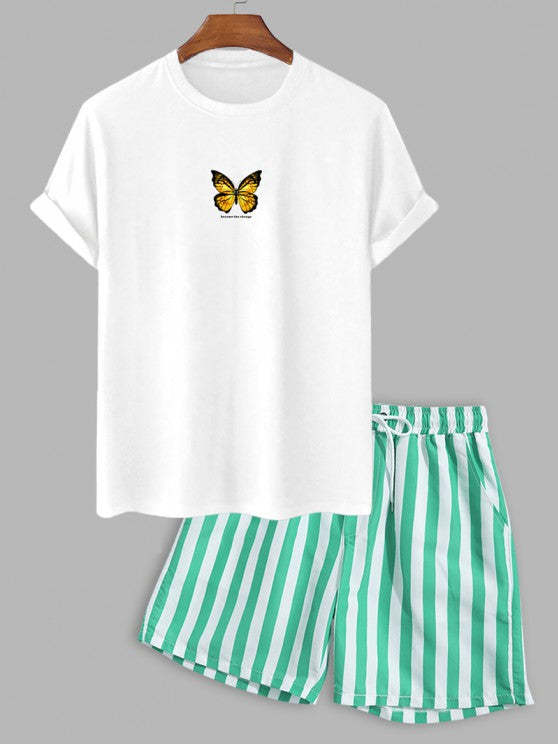 Butterfly Printed T Shirt And Vertical Stripe Shorts - Grafton Collection