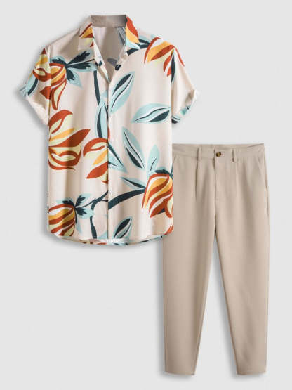 Leaves Print Shirt With Tapered Pants - Grafton Collection