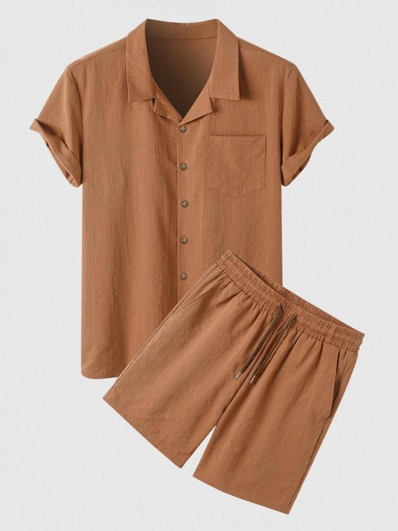 Button Up Collar Shirt And Drawstring Shorts - Grafton Collection