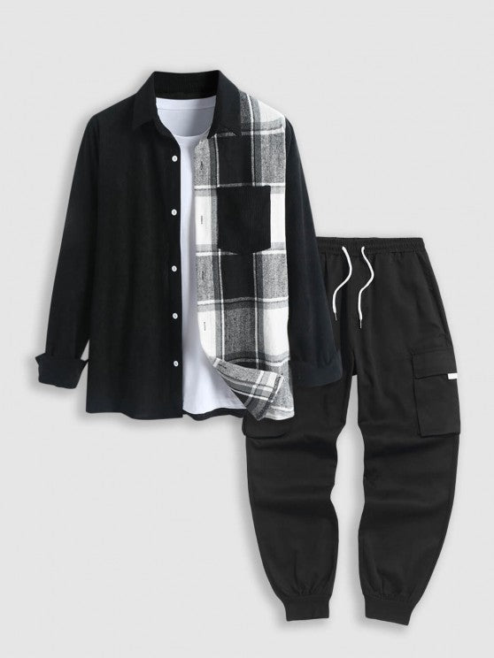 Two Tone Plaid Shirt And Cargo Pants Set - Grafton Collection