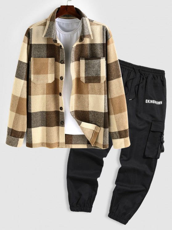 Plaid Wool Shacket And Cargo Pants Set - Grafton Collection