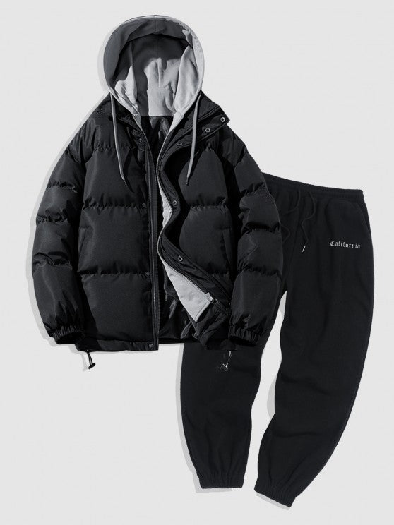 Dual Zip Puffer Coat And Fleece Pants Set - Grafton Collection