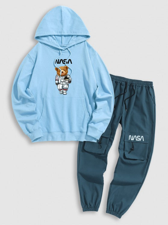 Letter And Bear Pattern Hoodie With Cargo Pants Set - Grafton Collection