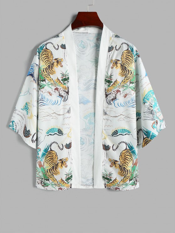 Tiger Painting Printed Kimono And Capri Pants Set - Grafton Collection