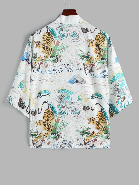 Tiger Painting Printed Kimono And Capri Pants Set - Grafton Collection