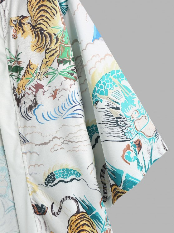 Tiger Painting Printed Kimono And Capri Pants Set - Grafton Collection