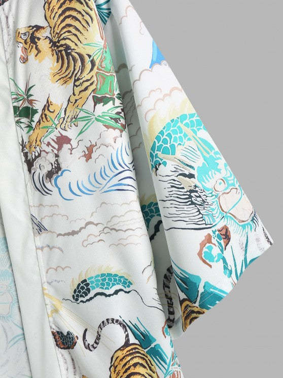 Tiger Painting Printed Kimono And Capri Pants Set - Grafton Collection