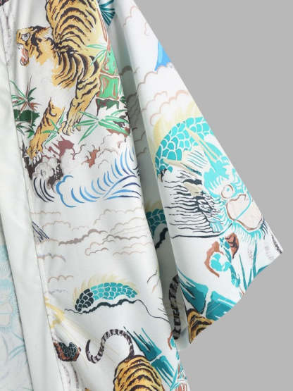 Tiger Painting Printed Kimono And Capri Pants Set - Grafton Collection