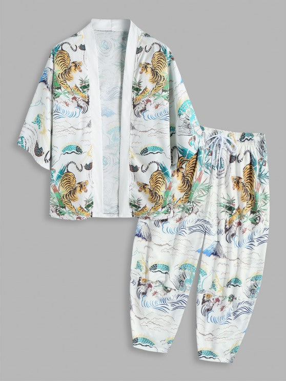 Tiger Painting Printed Kimono And Capri Pants Set - Grafton Collection