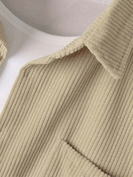 Letter Printed T Shirt And Corduroy Shirt And Wide Leg Pants Set - Grafton Collection