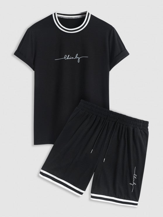 Letter Print T Shirt And Graphic Shorts Set - Grafton Collection