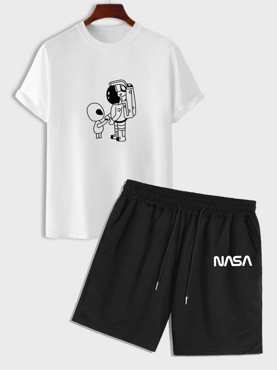 Astronaut Pattern T Shirt And Letter Shorts Set - Grafton Collection